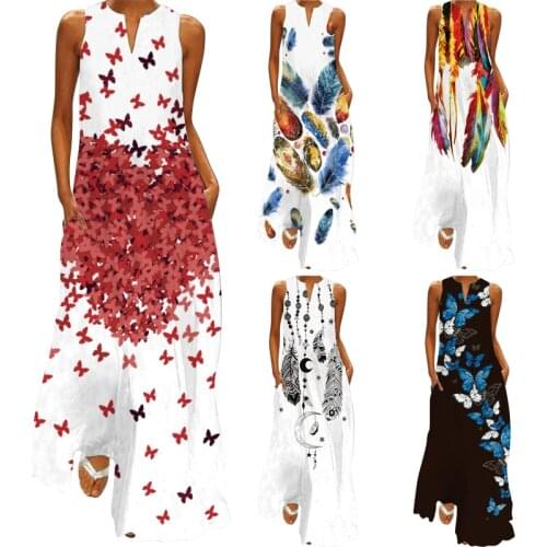 Dress 2021 fashion trend white long dress women mouth print retro sleeveless elegant casual plus size girl dress ins hot sale