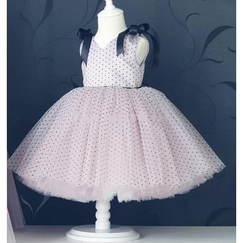 Polka-dot Tulle Baby Girl Dresses Sleeveless Girl Birthday Party Dress Ribbons Communion Dress New Kid Size 1-14Y