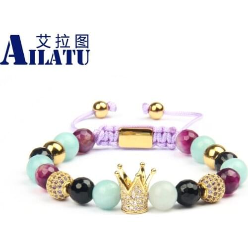Luxury Mix Stones Gold Cz Crown Bracelet Couples Jewelry Stainless Steel Logo Beads Laser Pringting Name or Words Drop Shipping