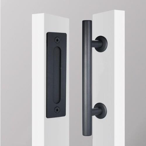 Pure 12inch Black Carbon Steel Sliding Barn Door Handle Recessed Pull Hardware Set Accessories Supplies