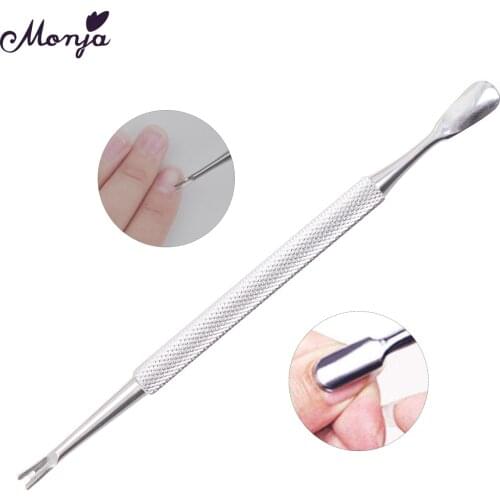 Monja Silver Dual End Nail Art Cuticle Pusher Dead Skin Repair Fork Remover Trimmer Stainless Steel Manicure Pedicure Care Tool