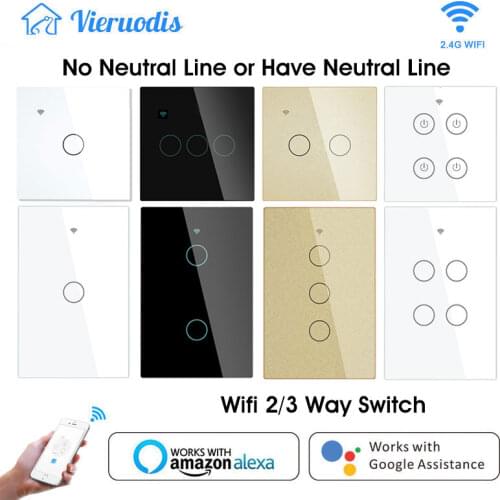 Tuya WiFi Smart Home Light Switch 2/3 Way With/No Neutral Wire 1/2/3/4 Gang 110-220V Wall Touch Glass Voice Works Alexa Google