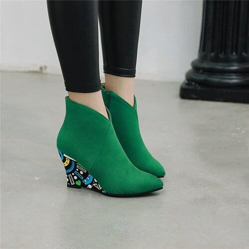 YMECHIC Fashion Suede Wedge Heel Womens Shoes Green Black Orange Purple Print Wedges Winter Ankle Boots Pointed Toe Bootie 2019