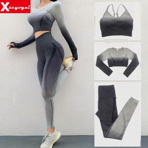 Ladies Seamless Gradient Yoga Suit 3PCS Long-Sleeved T-Shirt High Waist Hip Leggings Sports Bra Running Fitness Sportswear