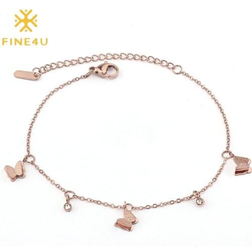 FINE4U B345 Stainless Steel Cubic Zirconia Butterfly Bracelet For Women Matte Finish Adjustable Link Chain Bracelet
