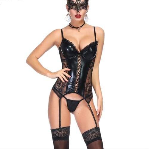 Gothic Style Ladies Patent Leather Corset Stitching Lace Sexy Steampunk Striptease Bustier Sexy Lingerie