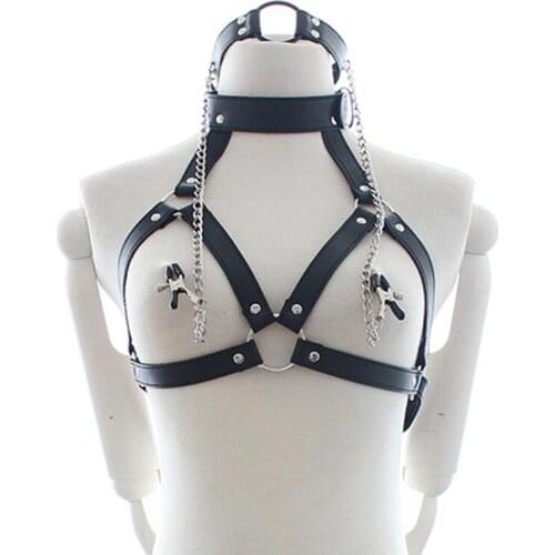 Sexy Body Bra Belt for Women Nipple Breast Clamp Clip Chain BDSM Bra Harness Leather Choker Collar Lingerie Erotic Accessoires