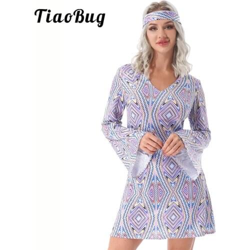 2Pcs Women Vintage Cosplay Costume Hippie Girl Flared Sleeves Dress with Headband Set for Disco Theme Party Performance