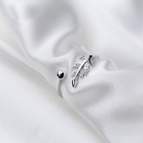 Real 925 Sterling Silver Rings for Women Teen Girls CZ Zircon Leaf Bead Open Adjustable Finger Band Korean Style Jewelry 2021