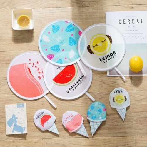 5 pcs/lot portable folding hand fan foldable handheld small round fans wedding dance party decor fruit lemon watermelon