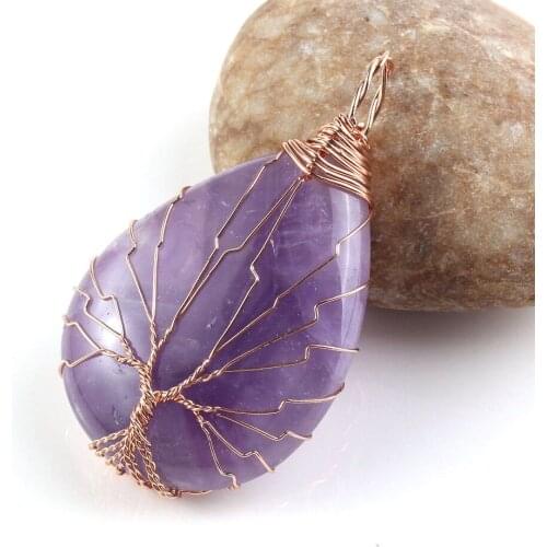 KFT Natural Purple Amethysts Crystal Quartz Handmade Tree Of Life Healing Ponited Wire Wrapped Water Drop Stone Pendant Jewelry
