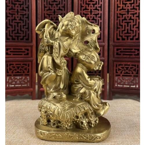 China brass Lotus leaf two fairy crafts statue