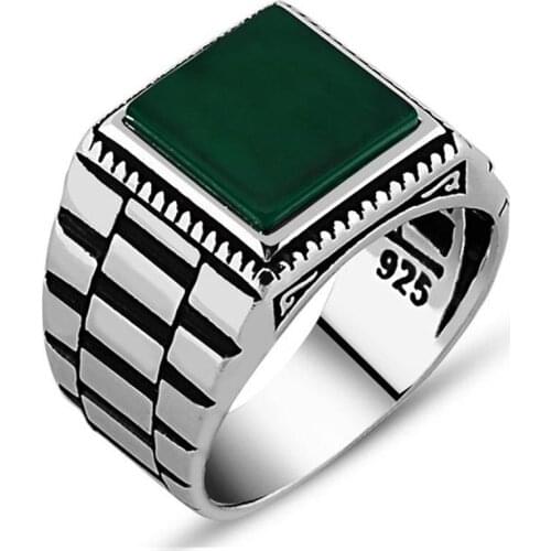 925 sterling Silver Green Agate Stone Men 'S Ring