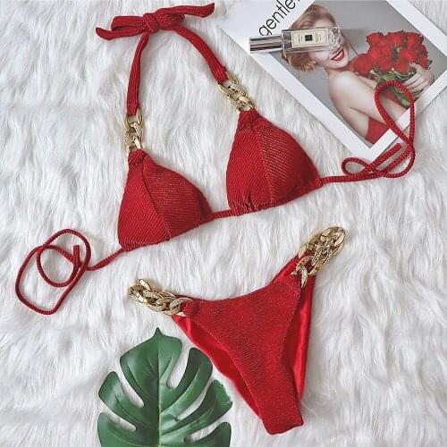 Summer Woman Sexy two Pieces Swimsuit Bikini New Push Up women Tankini Set Beachwear Red Sexy chain Briefs Bathing swim Suit