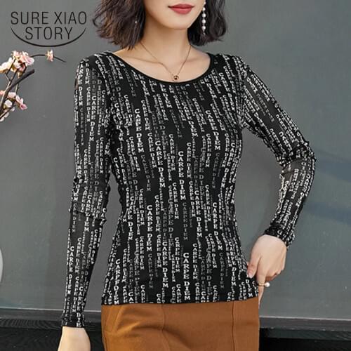 Fashion 2021 Slim Mesh Korean Print Hollow Long Sleeve Women Tops and Blouses Plus Size Women Shirts Ladies Tops Female 8240 50