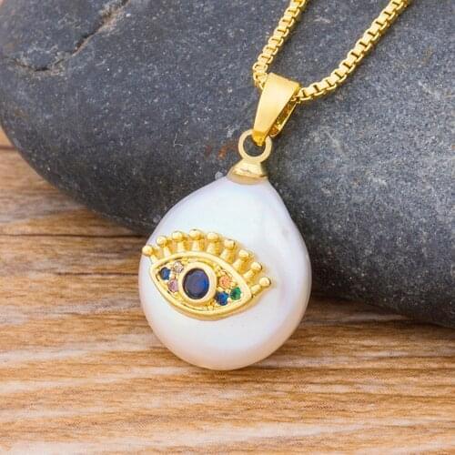 New Design Evil Eye Gold Chain CZ Pendant Choker Necklace Charm Natural Coin Pearl Bead Zircon Evil Eye Women Jewelry Necklace