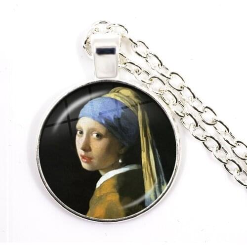 Charm Girl Wearing Pearl Johannes Vermeer Art Oil Painting Pendant Necklace 25mm Glass Cabochon Jewelry for Women Girls Gift