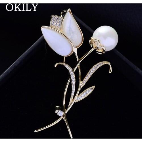 OKILY Graceful Tulip Shape Micro Zircon Brooches for Women Beautiful Pearl Flower Brooch Pins Clothing Garment Accessories