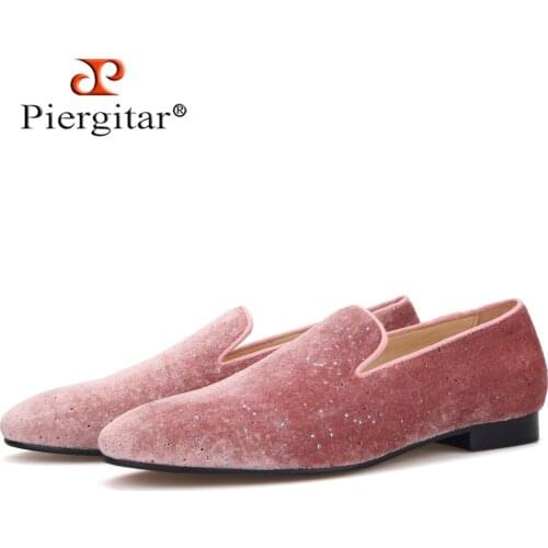 Piergitar handmade rhinestone pink color velvet mens loafers for prom and party plus size men smoking slippers leather insole