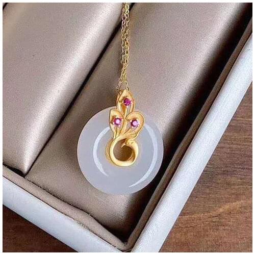 Natural Hetian Jade Safety Buckle Pendant Jade Sterling Silver Gilding Phoenix Vintage Necklace Womens White Jade to Give Mom