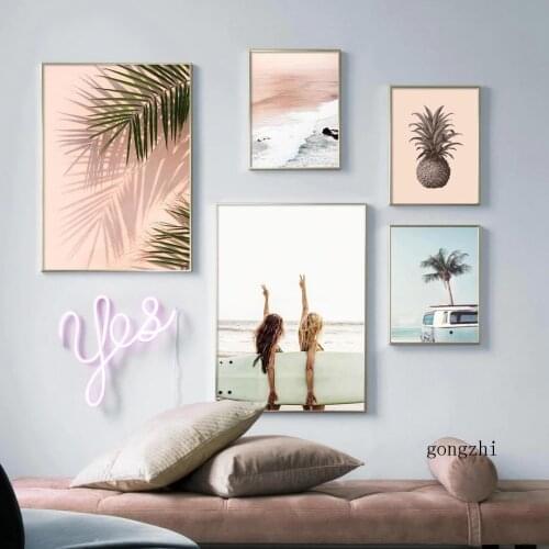 Surfing Beach Waves Palm Leaf Bird Nordic Travel Poster and Print Wall Art Canvas Painting Decoration Pictures for Living Room