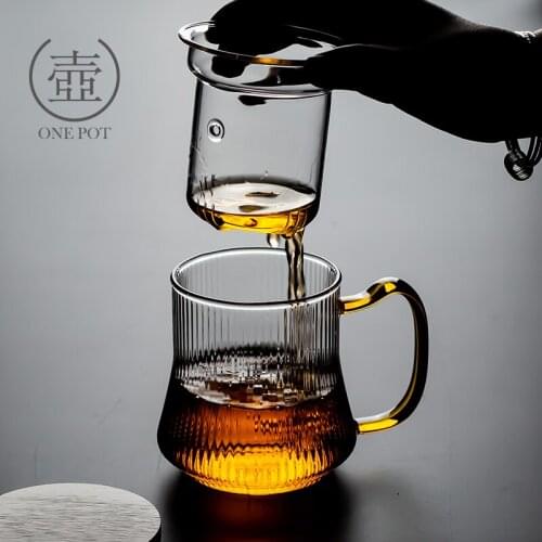 Glass with thread pattern transparent heat resistant filter with cover household large teacup water cup teaware mug