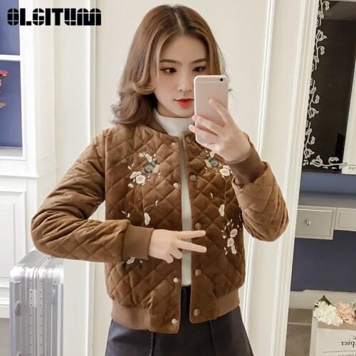 Warm Thick 2020 New Winter/Autumn Rhombic Jacket Female Short Gold Velvet Embroidered Cotton Coat Button Long Sleeves Slim