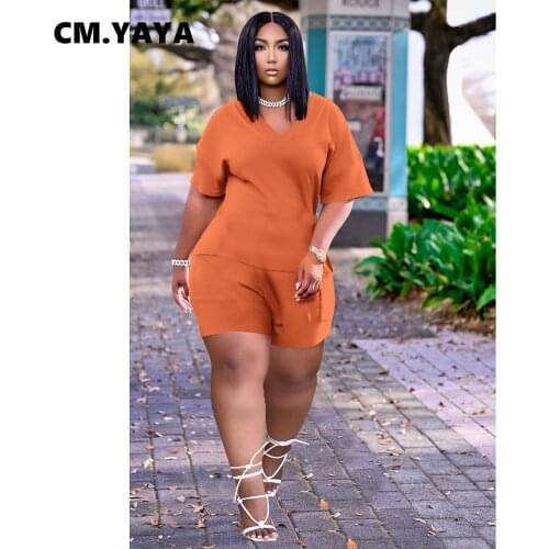 CM.YAYA Street Plus Size Women Two 2Piece Set Outfit Fashion Active Tracksuit V-neck T-shirt and Shorts Matching Set Sweatsui