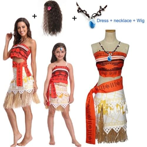 Adult Kids Cosplay Vaiana Moana Princess Costume Dress Necklace Wig Girl Halloween Party Moana Dress Costume Cosplay Fancy Dress