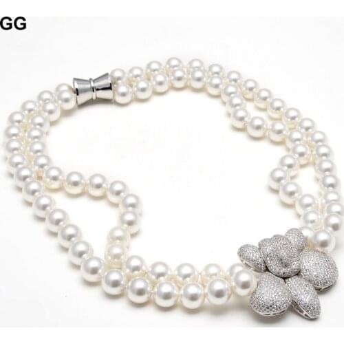 GuaiGuai Jewelry 21" 2 Rows 12mm Natural White Sea Shell Pearl Necklace CZ Paved Flower Pendant For Women