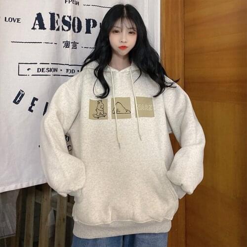 Women Hoodies New Loose Printing Pocket Preppy Student Korean Streetwear Harajuku Femme Oversized Pullover Thick Warm Sweatshirt
