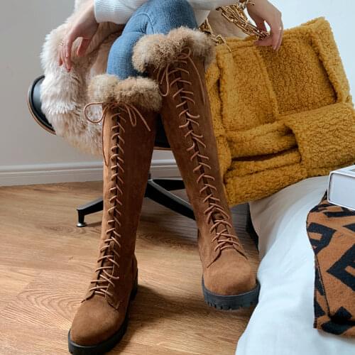 Womens Fur Knee High Boots Winter 2020 Woman Warm Low Heels Big Size 45 Women Lace Up Flock Ladies Short Plush Female Shoes
