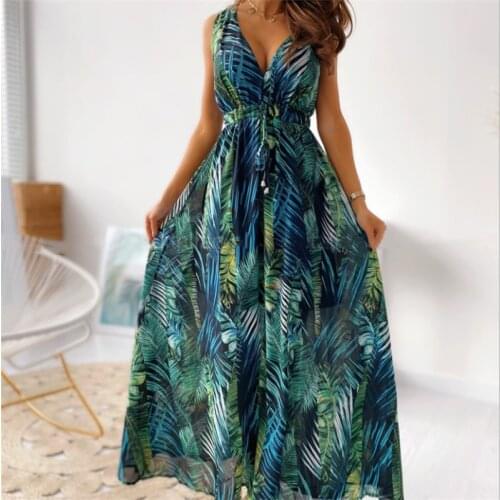 Women Summer Bohemian Sleeveless Dress Adults Sexy Backless Leaf Print V-neck Lace-up Long Dress Green/Blue/Black/White