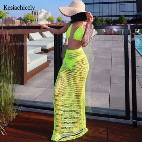 Kesiachiccly White Beach Dress Women Holiday Backless Bandage Knitted Maxi Dresses Summer See Through Hollow Out Sexy Dress