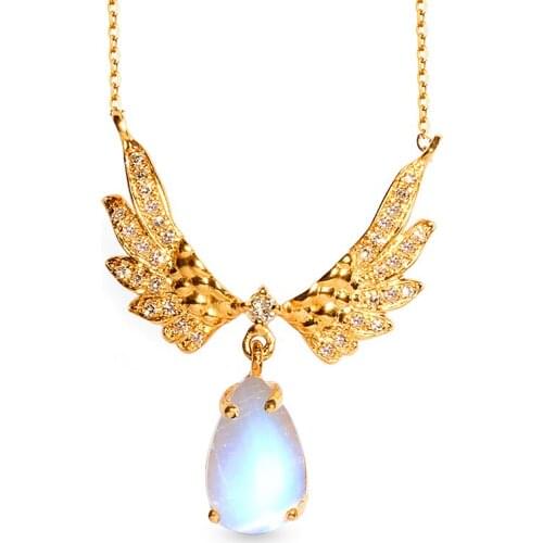 1.4ct Natural Moonstone Teardrop 18K Gold Angel Wings Pendant Necklace Women Fine Jewelry
