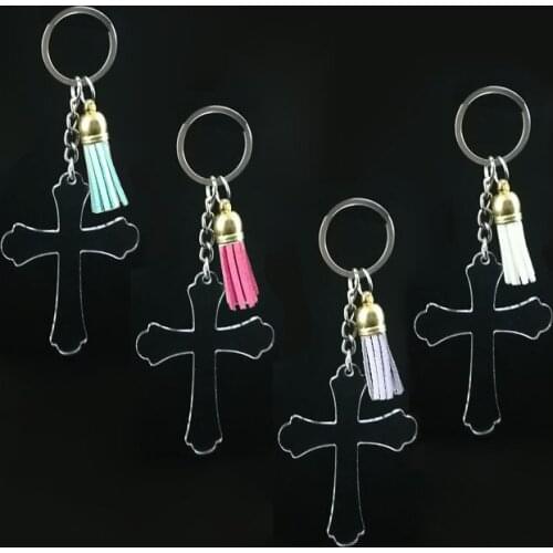 10pcs/lot Halloween Christian Church gifts Clear Acrylic Cross Keychains Transparent Acrylic Crystal Cross
