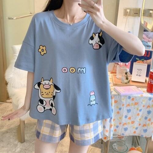 2021 Summer Ladies Cotton Pajamas Short Sleeve Shorts Cartoon Print Kawaii Japan Homewear Set Korea Sweet Girl Sleepwear