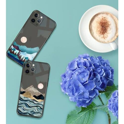 Mountain Marble Moon Phone Case For iPhone 13 12 11 8 7 se 2020 pro X XS XR MAX Plus Black Transparent Cover