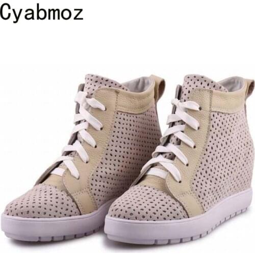 Cyabmoz Platform Wedge Genuine leather Shoes Woman Hollow Height increasing Mixed colors High heels Women Shoes Zapatos mujer
