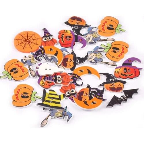 50Pcs 2hoels Halloween Skull/pumpkin Wooden Buttons For DIY Clothing Crafts Embellishment Handmade Scrapbooking Home Decor m2718