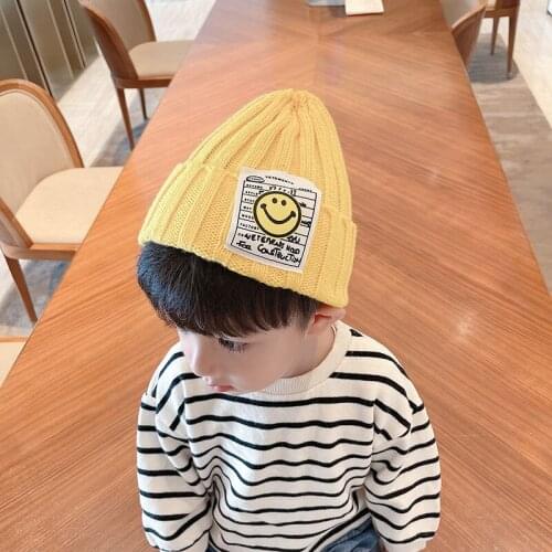 Candy Colors Childrens Smiley Label Knite Hat Baby Winter Hedging Cap Boys Girls Korean Version Ski Hats Outdoor