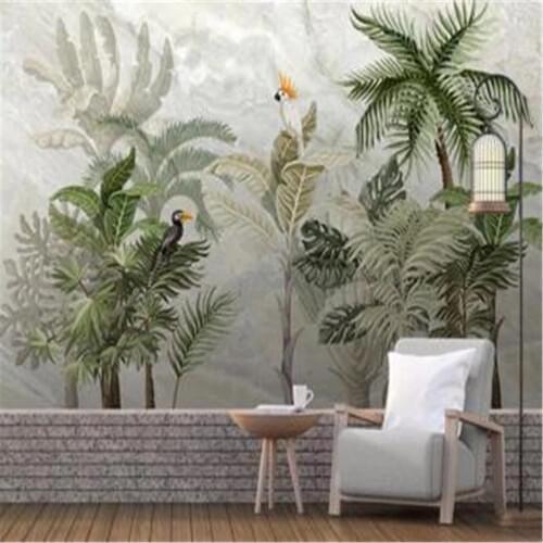 Customized large wallpaper mural European-style hand-painted tropical rainforest landscape marbled background wallpaper mural