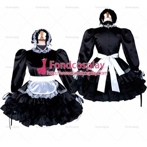 Sissy Maid Dress Lockable Black Satin French Maid Uniform Dress Cosplay Costume Custom-made[G793]