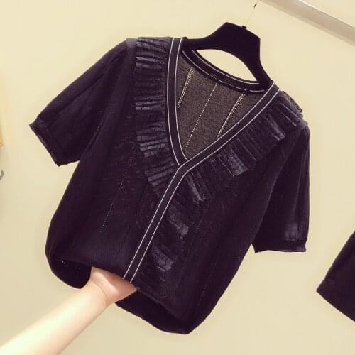 Ice silk V-neck short-sleeved sweater bottoming shirt Lotus leaf decoration womens loose thin pullover spring summer