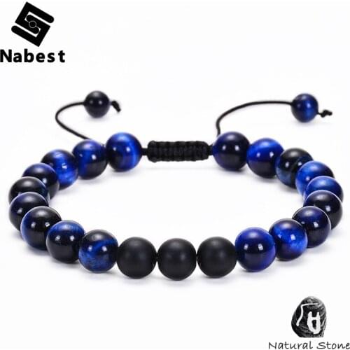 Men Women 8mm Blue Tiger Eye Natural Stone Beads Bracelet Black Matte Stone Bracelets Adjustable Braided Rope Buddha Jewelry