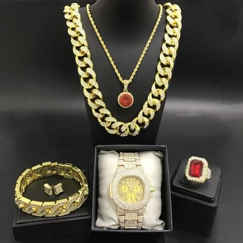 Hip Hop Men Gold Color Neckalce Luxury Men Watch & Neckalce & Braclete & Ring & Earrings Comb Set Ice Out Cuban Neckalce For Men