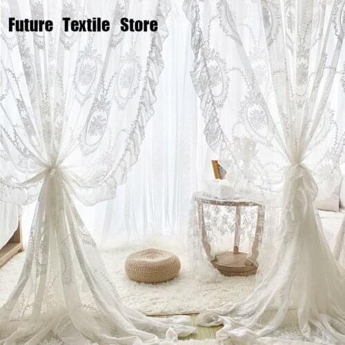 2021 New French Retro White Lace Gauze Curtain European Modern Lotus Leaf Curtain Curtains for Living Dining Room Bedroom