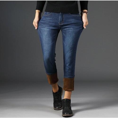 Winter 2020 new mens warm slim-fit jeans business fashion thick denim trousers fleece stretch pants blue black