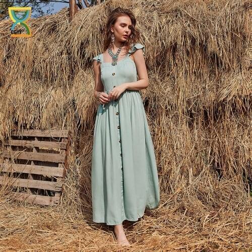 CGYY 2021 Vintage Chic Women Solid Print Single Breasted Beach Bohemian Maxi Dress Ladies O Neck Sashes Summer Boho Vestidos