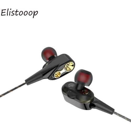 Elistooop 3.5mm HiFi Wired Earphone Dual-Dynamic Quad-core Speaker In-ear earbuds Flexible Cable Anti-wrap with HD Microphone